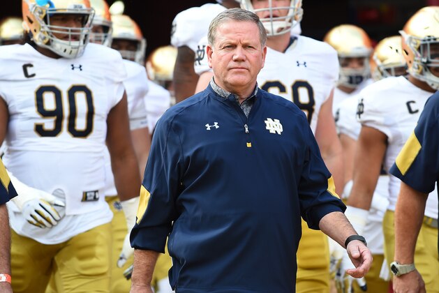 LOS ANGELES, CA - NOVEMBER 26:  Head coach Brian Kelly of the Notre Dame Fighting Irish leads his team on to the field for the game against the USC Trojans at the Los Angeles Memorial Coliseum on November 26, 2016 in Los Angeles, CA.  (Photo by Jayne Kamin-Oncea/Getty Images)