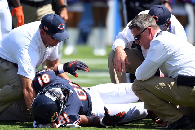 Aug 27, 2017; Nashville, TN, USA; Chicago Bears receiver Cameron Meredith (81) lays on the field after an injury during the first half against the Tennessee Titans at Nissan Stadium. Mandatory Credit: Christopher Hanewinckel-USA TODAY Sports