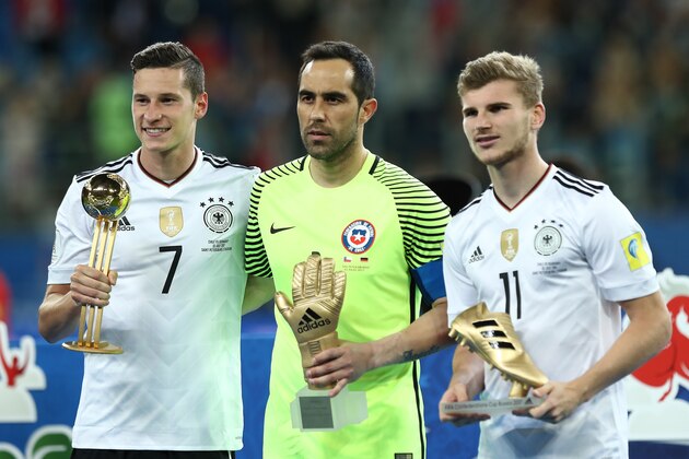 SAINT PETERSBURG, RUSSIA - JULY 02:  Timo Werner of Germany poses with the golden boot, Julian Draxler of Germany the golden ball and Claudio Bravo of Chile the golden glove at the end of the FIFA Confederations Cup Russia 2017 Final match between Chile and Germany at Saint Petersburg Stadium on July 2, 2017 in Saint Petersburg, Russia.  (Photo by Robbie Jay Barratt - AMA/Getty Images)