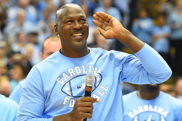 Mar 4, 2017; Chapel Hill, NC, USA; Former North Carolina Tar Heels great Michael Jordan during a half time announcement that Jordan's Jumpman Brand is teaming up with Carolina Football. The Tar Heels defeated the Blue Devils 90-83 at Dean E. Smith Center. Mandatory Credit: Bob Donnan-USA TODAY Sports
