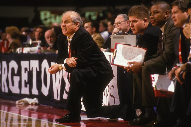 LANDOVER, MD - DECEMBER 4:  Rollie Massimino, head coach of the Villanova Wildcats, during a college basketball game against the Georgetown Hoyas on December 4, 1993 at USAir Arena in Landover, Maryland.  (Photo by Mitchell Layton/Getty Images)
