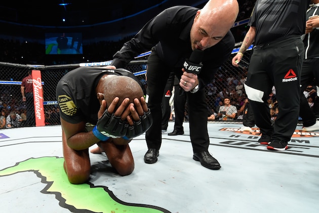 ANAHEIM, CA - JULY 29:  Jon Jones is interviewed by Joe Rogan after defeating Daniel Cormier to win the UFC light heavyweight championship during the UFC 214 event at Honda Center on July 29, 2017 in Anaheim, California.  (Photo by Josh Hedges/Zuffa LLC/Zuffa LLC via Getty Images)