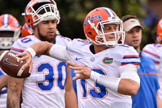 NASHVILLE, TN - OCTOBER 01:  Quarterback Feleipe Franks #13 of the Florida Gators warms up prior to a game against the Vanderbilt Commodores at Vanderbilt Stadium on October 1, 2016 in Nashville, Tennessee.  (Photo by Frederick Breedon/Getty Images)