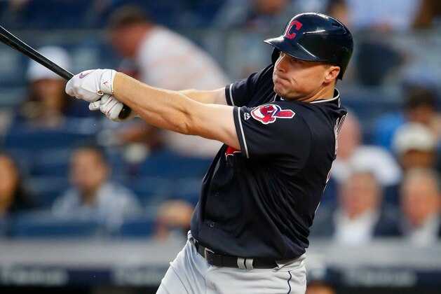 NEW YORK, NY - AUGUST 28:  Jay Bruce #32 of the Cleveland Indians in action against the New York Yankees at Yankee Stadium on August 28, 2017 in the Bronx borough of New York City. The Indians defeated the Yankees 6-2.  (Photo by Jim McIsaac/Getty Images)