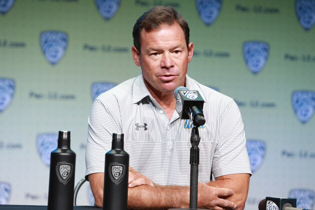 HOLLYWOOD, CA - JULY 26:  Head coach Jim Mora of the UCLA Bruins speaks to the media during PAC12 Media Days on July 26, 2017 in Hollywood, California.  (Photo by Leon Bennett/Getty Images)