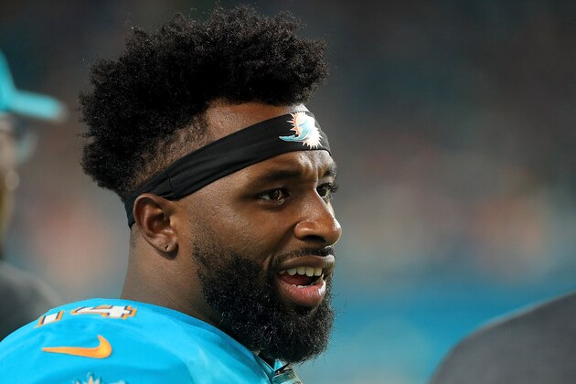 MIAMI GARDENS, FL - AUGUST 17:  Jarvis Landry #14 of the Miami Dolphins looks on during a preseason game against the Baltimore Ravens at Hard Rock Stadium on August 17, 2017 in Miami Gardens, Florida.  (Photo by Mike Ehrmann/Getty Images)