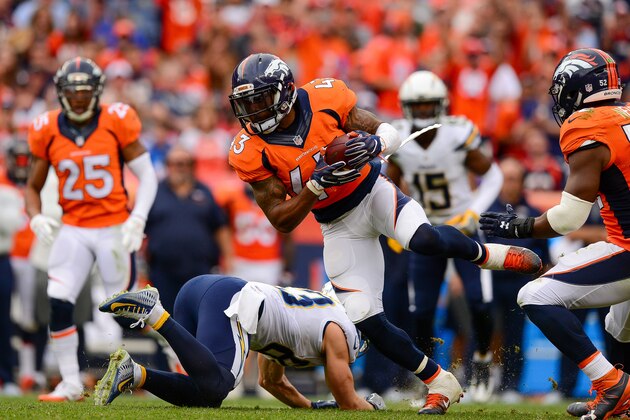 DENVER, CO - OCTOBER 30:  Strong safety T.J. Ward #43 of the Denver Broncos intercepts the ball in the third quarter of the game against the San Diego Chargers at Sports Authority Field at Mile High on October 30, 2016 in Denver, Colorado. (Photo by Dustin Bradford/Getty Images)