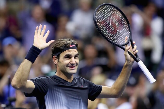 NEW YORK, NY - AUGUST 29:  Roger Federer of Switzerland celebrates his win over Frances Tiafoe on Day Two of the 2017 US Open at the USTA Billie Jean King National Tennis Center on August 29, 2017 in the Flushing neighborhood of the Queens borough of New York City.  (Photo by Clive Brunskill/Getty Images)
