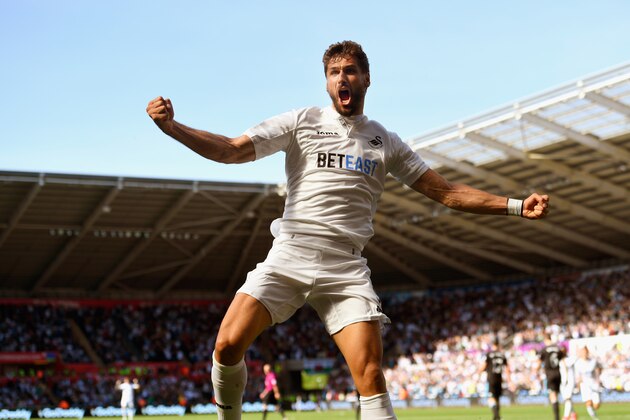 SWANSEA, WALES - MAY 21:  Swansea player Fernando Llorente celebrates his and the winning goal during the Premier League match between Swansea City and West Bromwich Albion at Liberty Stadium on May 21, 2017 in Swansea, Wales.  (Photo by Stu Forster/Getty Images)