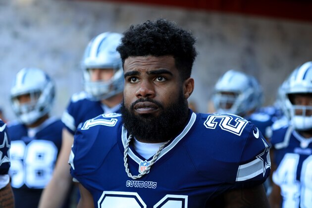 LOS ANGELES, CA - AUGUST 12:  Ezekiel Elliott #21 of the Dallas Cowboys looks on prior to a a presason game against the Los Angeles Rams  at Los Angeles Memorial Coliseum on August 12, 2017 in Los Angeles, California.  (Photo by Sean M. Haffey/Getty Images)