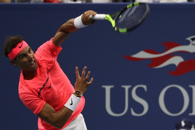 Aug 29, 2017; New York, NY, USA; Rafael Nadal of Spain serves against Dusan Lajovic of Serbia (not pictured) on day two of the U.S. Open tennis tournament at USTA Billie Jean King National Tennis Center. Mandatory Credit: Geoff Burke-USA TODAY Sports