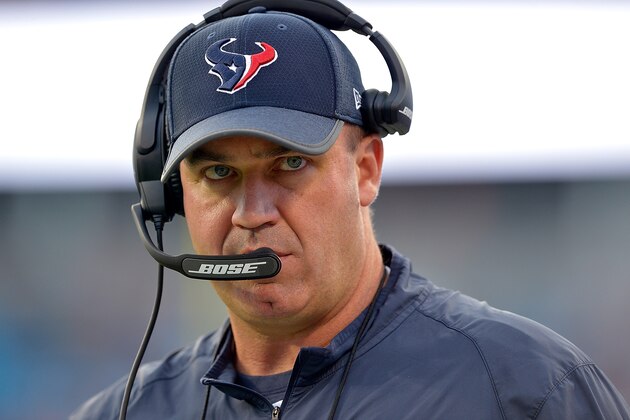 CHARLOTTE, NC - AUGUST 09:  Head coach Bill O'Brien of the Houston Texans watches his team during their preseason game against the Carolina Panthers at Bank of America Stadium on August 9, 2017 in Charlotte, North Carolina.  (Photo by Grant Halverson/Getty Images)
