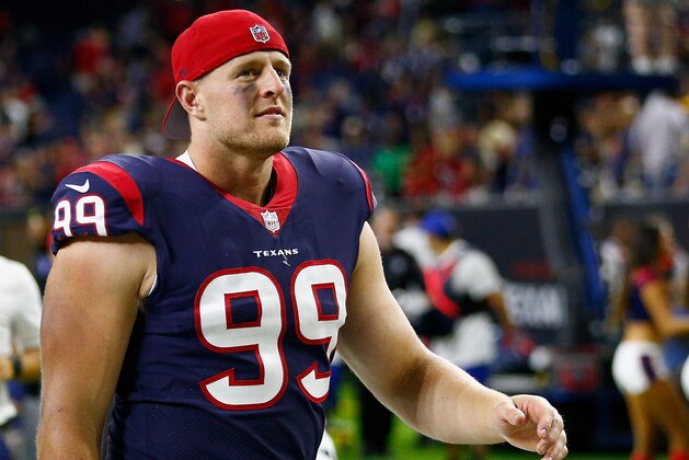 HOUSTON, TX - AUGUST 19: J.J. Watt #99 of the Houston Texans walks off the field after a 27-23 win over the New England Patriotsin a preseason game at NRG Stadium on August 19, 2017 in Houston, Texas.  (Photo by Bob Levey/Getty Images)