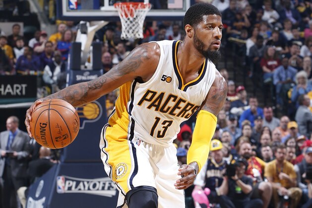 INDIANAPOLIS, IN - APRIL 23: Paul George #13 of the Indiana Pacers handles the ball against the Cleveland Cavaliers in Game Four of the Eastern Conference Quarterfinals during the 2017 NBA Playoffs at Bankers Life Fieldhouse on April 23, 2017 in Indianapolis, Indiana. The Cavaliers defeated the Pacers 106-102 to sweep the series 4-0. NOTE TO USER: User expressly acknowledges and agrees that, by downloading and or using the photograph, User is consenting to the terms and conditions of the Getty Images License Agreement. (Photo by Joe Robbins/Getty Images)