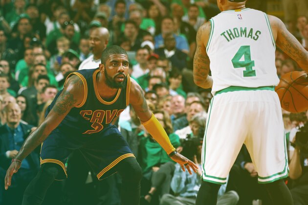 BOSTON, MA - MAY 17:  Kyrie Irving #2 of the Cleveland Cavaliers defends against Isaiah Thomas #4 of the Boston Celtics in Game One of the Eastern Conference Finals during the 2017 NBA Playoffs on May 17, 2017 at the TD Garden in Boston, Massachusetts. NOTE TO USER: User expressly acknowledges and agrees that, by downloading and or using this Photograph, user is consenting to the terms and conditions of the Getty Images License Agreement. Mandatory Copyright Notice: Copyright 2017 NBAE (Photo by Nathaniel S. Butler/NBAE via Getty Images)