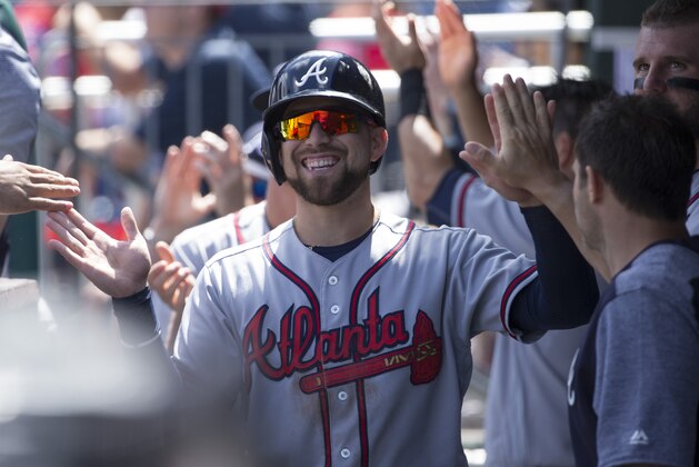 PHILADELPHIA, PA - AUGUST 30: Ender Inciarte #11 of the Atlanta Braves high fives his teammates after scoring a run in the top of the first inning against the Philadelphia Phillies in game one of the doubleheader at Citizens Bank Park on August 30, 2017 in Philadelphia, Pennsylvania. (Photo by Mitchell Leff/Getty Images)