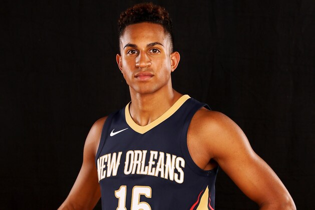 GREENBURGH, NY - AUGUST 11:  Frank Jackson of the New Orleans Pelicans poses for a portrait during the 2017 NBA Rookie Photo Shoot at MSG Training Center on August 11, 2017 in Greenburgh, New York.   NOTE TO USER: User expressly acknowledges and agrees that, by downloading and or using this photograph, User is consenting to the terms and conditions of the Getty Images License Agreement.  (Photo by Elsa/Getty Images)