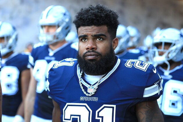 LOS ANGELES, CA - AUGUST 12:  Ezekiel Elliott #21 of the Dallas Cowboys is seen during the preseason game against the Los Angeles Rams at the Los Angeles Memorial Coliseum on August 12, 2017 in Los Angeles, California.  (Photo by Sean M. Haffey/Getty Images)