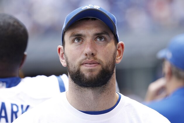 INDIANAPOLIS, IN - AUGUST 13: Andrew Luck #12 of the Indianapolis Colts looks on against the Detroit Lions in the second half of a preseason game at Lucas Oil Stadium on August 13, 2017 in Indianapolis, Indiana. (Photo by Joe Robbins/Getty Images)