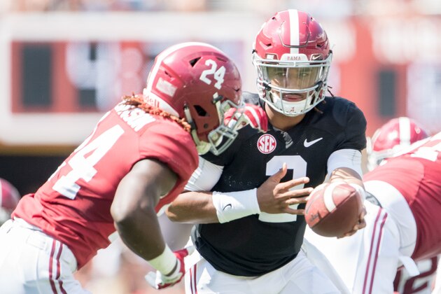 TUSCALOOSA, AL - APRIL 22: Quarterback Jalen Hurts #2 of the Alabama Crimson Tide looks to hand the ball off to running back Brian Robinson Jr. #24 of the Alabama Crimson Tide at Bryant-Denny Stadium on April 22, 2017 in Tuscaloosa, Alabama. (Photo by Michael Chang/Getty Images)