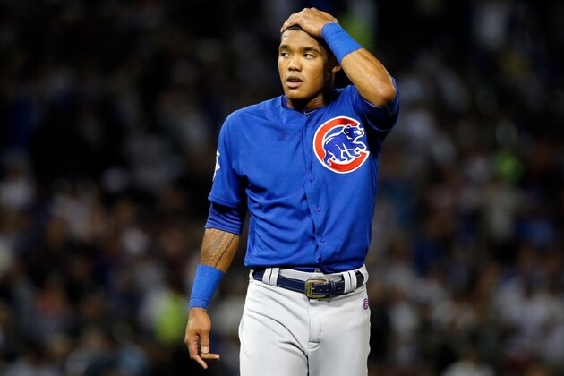 CHICAGO, IL - JULY 26:  Addison Russell #27 of the Chicago Cubs reacts at the end of the seventh inning against the Chicago White Sox at Guaranteed Rate Field on July 26, 2017 in Chicago, Illinois. The Chicago Cubs won 8-3.  (Photo by Jon Durr/Getty Images)
