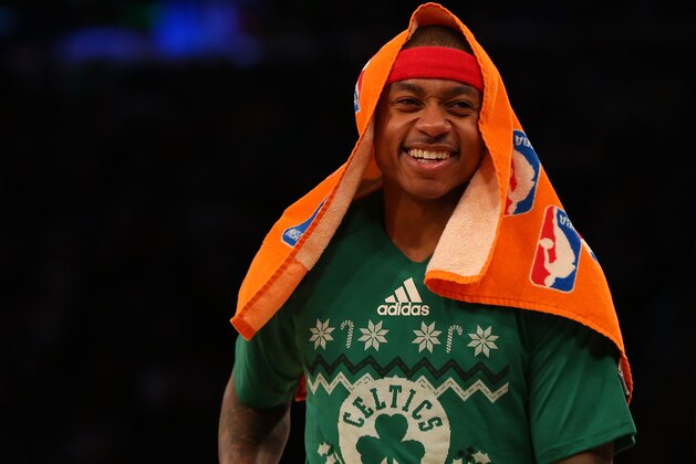 NEW YORK, NY - DECEMBER 25:  Isaiah Thomas #4 of the Boston Celtics looks on during a time-out against the New York Knicks at Madison Square Garden on December 25, 2016 in New York City. NOTE TO USER: User expressly acknowledges and agrees that, by downloading and or using this photograph, User is consenting to the terms and conditions of the Getty Images License Agreement.  (Photo by Mike Stobe/Getty Images)