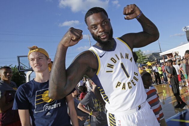 INDIANAPOLIS, IN - JULY 28:  Lance Stephenson #1 of theIndiana Pacers participates in an outdoor fanfest on July 28, 2017 in Indianapolis, Indiana. NOTE TO USER: User expressly acknowledges and agrees that, by downloading and or using this Photograph, user is consenting to the terms and condition of the Getty Images License Agreement. Mandatory Copyright Notice: 2017 NBAE  (Photo by Ron Hoskins/NBAE via Getty Images)