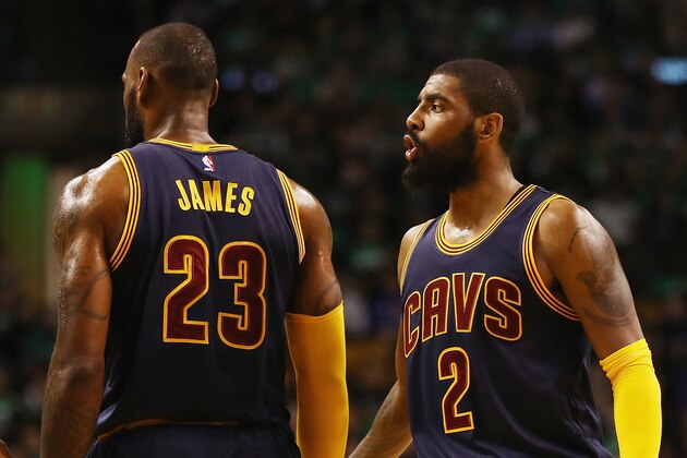 BOSTON, MA - MAY 25:  Kyrie Irving #2 of the Cleveland Cavaliers reacts in the first half against the Boston Celtics during Game Five of the 2017 NBA Eastern Conference Finals at TD Garden on May 25, 2017 in Boston, Massachusetts. NOTE TO USER: User expressly acknowledges and agrees that, by downloading and or using this photograph, User is consenting to the terms and conditions of the Getty Images License Agreement.  (Photo by Elsa/Getty Images)