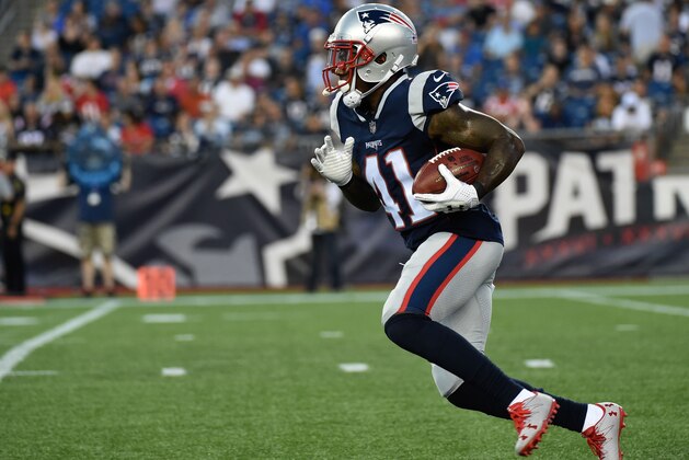 Aug 10, 2017; Foxborough, MA, USA; New England Patriots cornerback Cyrus Jones (41) returns a kickoff during the first half against the Jacksonville Jaguars at Gillette Stadium. Mandatory Credit: Bob DeChiara-USA TODAY Sports