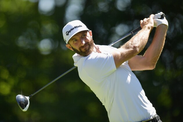 NORTON, MA - SEPTEMBER 01:  Dustin Johnson of the United States plays his shot from the ninth tee during round one of the Dell Technologies Championship at TPC Boston on September 1, 2017 in Norton, Massachusetts.  (Photo by Drew Hallowell/Getty Images)