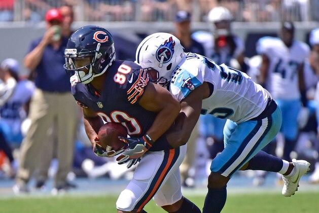 NASHVILLE, TN - AUGUST 27:  Victor Cruz #80 of the Chicago Bears is tackled by Adoree' Jackson #25 of the Tennessee Titans during the first half at Nissan Stadium on August 27, 2017 in Nashville, Tennessee.  (Photo by Frederick Breedon/Getty Images)