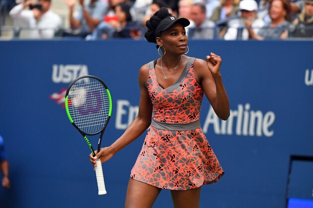 Venus Williams of the US celerates after winning the match point against Maria Sakkari of Greece during their US Open 2017 3rd Round Women's Singles match at the USTA Billie Jean King National Tennis Center on September 1, 2017 in New York. / AFP PHOTO / TIMOTHY A. CLARY        (Photo credit should read TIMOTHY A. CLARY/AFP/Getty Images)