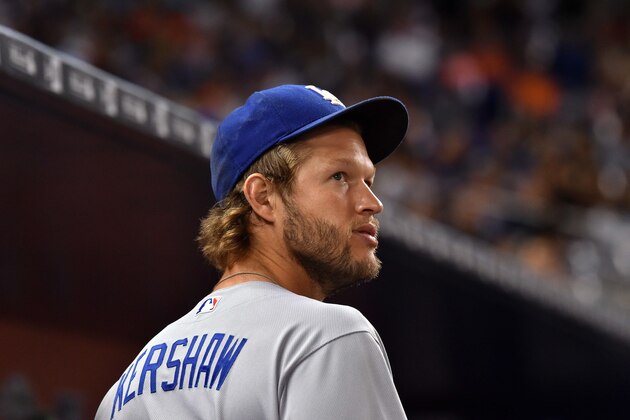 Jul 15, 2017; Miami, FL, USA; Los Angeles Dodgers starting pitcher Clayton Kershaw (22) looks on from the dugout against the Miami Marlins at Marlins Park. Mandatory Credit: Steve Mitchell-USA TODAY Sports
