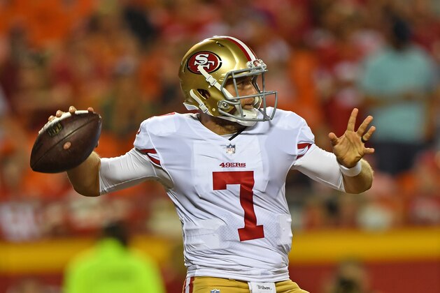 KANSAS CITY, MO - AUGUST 11:  Quarterback Matt Barkley #7 of the San Francisco 49ers drops back to pass against the Kansas City Chiefs during the first half of a preseason game on August 11, 2017 at Arrowhead Stadium in Kansas City, Missouri.  (Photo by Peter G. Aiken/Getty Images)