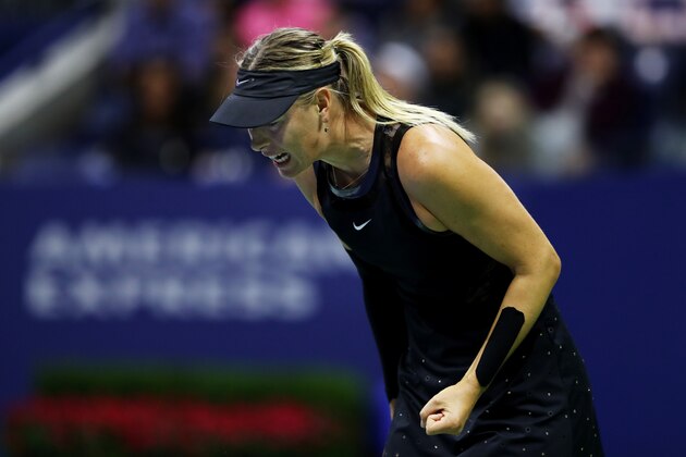 NEW YORK, NY - SEPTEMBER 01:  Maria Sharapova of Russia reacts against Sofia Kenin of the United States during their third round Women's Singles match on Day Five of the 2017 US Open at the USTA Billie Jean King National Tennis Center on September 1, 2017 in the Flushing neighborhood of the Queens borough of New York City.  (Photo by Elsa/Getty Images)