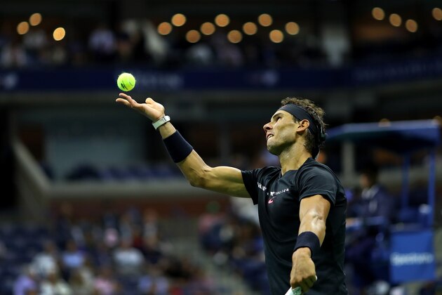 NEW YORK, NY - AUGUST 31:  Rafael Nadal of Spain serves to Taro Daniel of Japan in their second round Men's Singles match on Day Four of the 2017 US Open at the USTA Billie Jean King National Tennis Center on August 31, 2017 in the Flushing neighborhood of the Queens borough of New York City.  (Photo by Richard Heathcote/Getty Images)