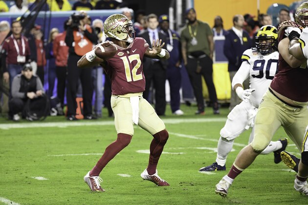 MIAMI GARDENS, FL - DECEMBER 30:  Deondre Francois #12 of the Florida State Seminoles scrambles during the 2016 Capital One Orange Bowl against the Michigan Wolverines at Hard Rock Stadium on December 30, 2016 in Miami Gardens, Florida.  (Photo by Ron Elkman/Sports Imagery/Getty Images)