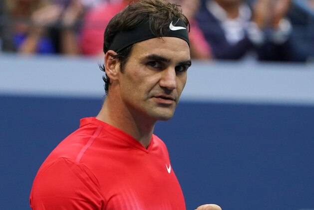 Aug 31, 2017; New York, NY, USA; Roger Federer of Switzerland reacts after winning the fourth set against Mikhail Youzhny of Russia in Ashe Stadium on day four at the USTA Billie Jean King National Tennis Center. Mandatory Credit: Robert Deutsch-USA TODAY Sports