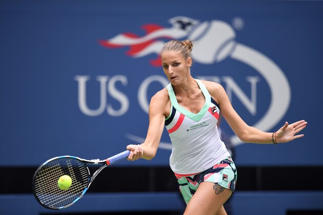 The Czech Republic's Karolina Pliskova returns the ball to China's Shuai Zhang during their qualifying 2017 US Open Women's Singles match at the USTA Billie Jean King National Tennis Center in New York on September 2, 2017. / AFP PHOTO / Jewel SAMAD        (Photo credit should read JEWEL SAMAD/AFP/Getty Images)