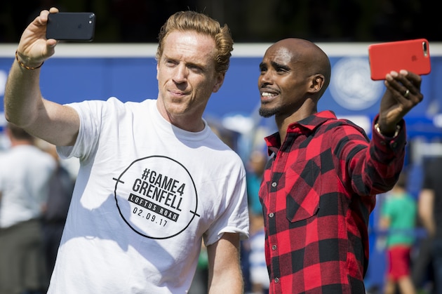 LONDON, ENGLAND - SEPTEMBER 02:  Damian Lewis and Mo Farah during the  #GAME4GRENFELL at Loftus Road on September 2, 2017 in London, England. The charity football match has been set up to benefit those who were affected in the Grenfell Tower disaster.  (Photo by Tristan Fewings/Getty Images)