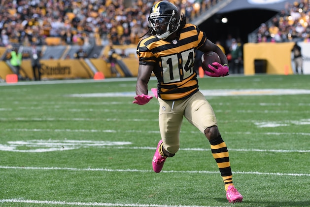PITTSBURGH, PA - OCTOBER 09: Wide receiver Sammie Coates #14 of the Pittsburgh Steelers runs with the football after catching a pass during a game against the New York Jets at Heinz Field on October 9, 2016 in Pittsburgh, Pennsylvania. The Steelers defeated the Jets 31-13.  (Photo by George Gojkovich/Getty Images)