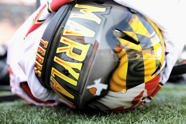AUSTIN, TX - SEPTEMBER 02:  A detailed view of a Maryland Terrapins helmet with a sticker remembering those affected by Hurricane Harvey before the game against the Texas Longhorns at Darrell K Royal-Texas Memorial Stadium on September 2, 2017 in Austin, Texas.  (Photo by Tim Warner/Getty Images)