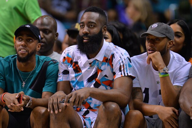 LAS VEGAS, NV - AUGUST 26:  NBA player James Harden attends the BIG3 three on three basketball league championship game on August 26, 2017 in Las Vegas, Nevada.  (Photo by Sam Wasson/BIG3/Getty Images)