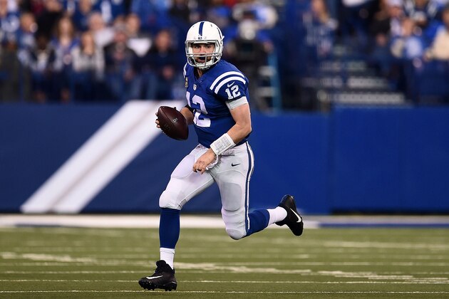 INDIANAPOLIS, IN - JANUARY 01:  Andrew Luck #12 of the Indianapolis Colts runs for yards during a game against the Jacksonville Jaguars at Lucas Oil Stadium on January 1, 2017 in Indianapolis, Indiana.  The Colts defeated the Jaguars 24-20.  (Photo by Stacy Revere/Getty Images)