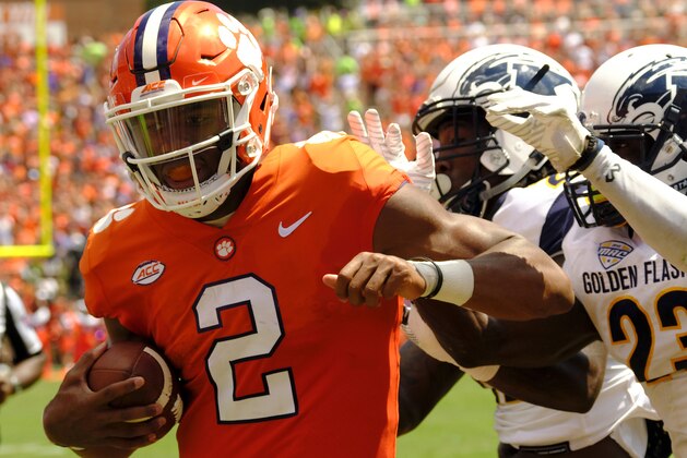 CLEMSON, SC - SEPTEMBER 2: Quarterback Kelly Bryant #2 of the Clemson Tigers scores a touchdown against the Kent State Golden Flashes on September 2, 2017 at Memorial Stadium in Clemson, South Carolina. (Photo by Todd Bennett/Getty Images)