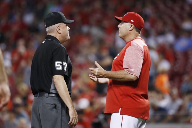 CINCINNATI, OH - JULY 21: Cincinnati Reds manager Bryan Price talks to first base umpire Mike Everitt during a game against the Miami Marlins at Great American Ball Park on July 21, 2017 in Cincinnati, Ohio. The Marlins defeated the Reds 3-1. (Photo by Joe Robbins/Getty Images) CINCINNATI, OH - JULY 21: Cincinnati Reds manager Bryan Price talks to first base umpire Mike Everitt during a game against the Miami Marlins at Great American Ball Park on July 21, 2017 in Cincinnati, Ohio. The Marlins defeated the Reds 3-1. (Photo by Joe Robbins/Getty Images)