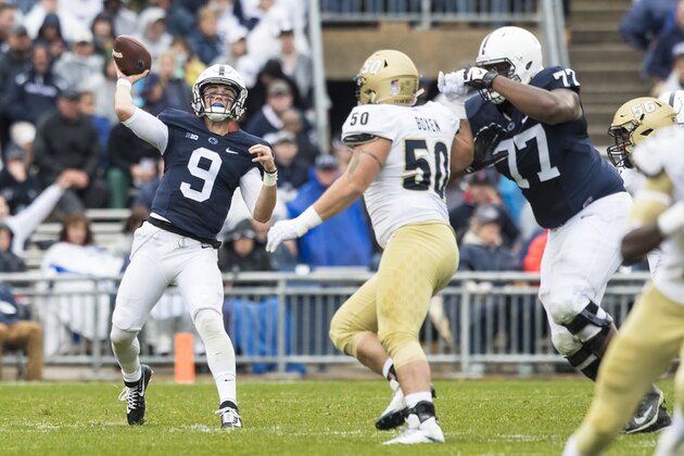 UNIVERSITY PARK, PA - SEPTEMBER 02:  Trace McSorley #9 of the Penn State Nittany Lions passes the ball to Juwan Johnson #84 during the second quarter against the Akron Zips on September 2, 2017 at Beaver Stadium in University Park, Pennsylvania.  (Photo by Brett Carlsen/Getty Images)