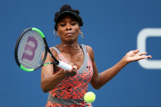 NEW YORK, NY - SEPTEMBER 01:  Venus Williams of the United States returns a shot to Maria Sakkari of Greece during their third round match on Day Five of the 2017 US Open at the USTA Billie Jean King National Tennis Center on September 1, 2017 in the Flushing neighborhood of the Queens borough of New York City.  (Photo by Al Bello/Getty Images)