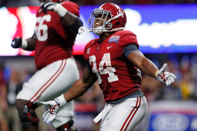 ATLANTA, GA - SEPTEMBER 02:  Damien Harris #34 of the Alabama Crimson Tide celebrates a touchdown in the third quarter of their game against the Florida State Seminoles at Mercedes-Benz Stadium on September 2, 2017 in Atlanta, Georgia.  (Photo by Kevin C. Cox/Getty Images)