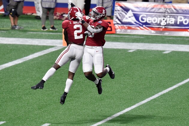 ATLANTA, GA - SEPTEMBER 02:  Tony Brown #2 and Jamey Mosley #16 of the Alabama Crimson Tide react after a play against the Florida State Seminoles during their game at Mercedes-Benz Stadium on September 2, 2017 in Atlanta, Georgia.  (Photo by Scott Cunningham/Getty Images)